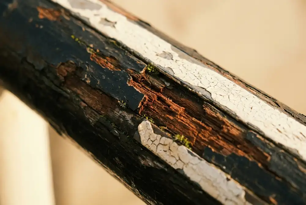A close view of one wooden rail, its old paint cracked and worn through to bare grain in places, with no lettering anywhere on it.